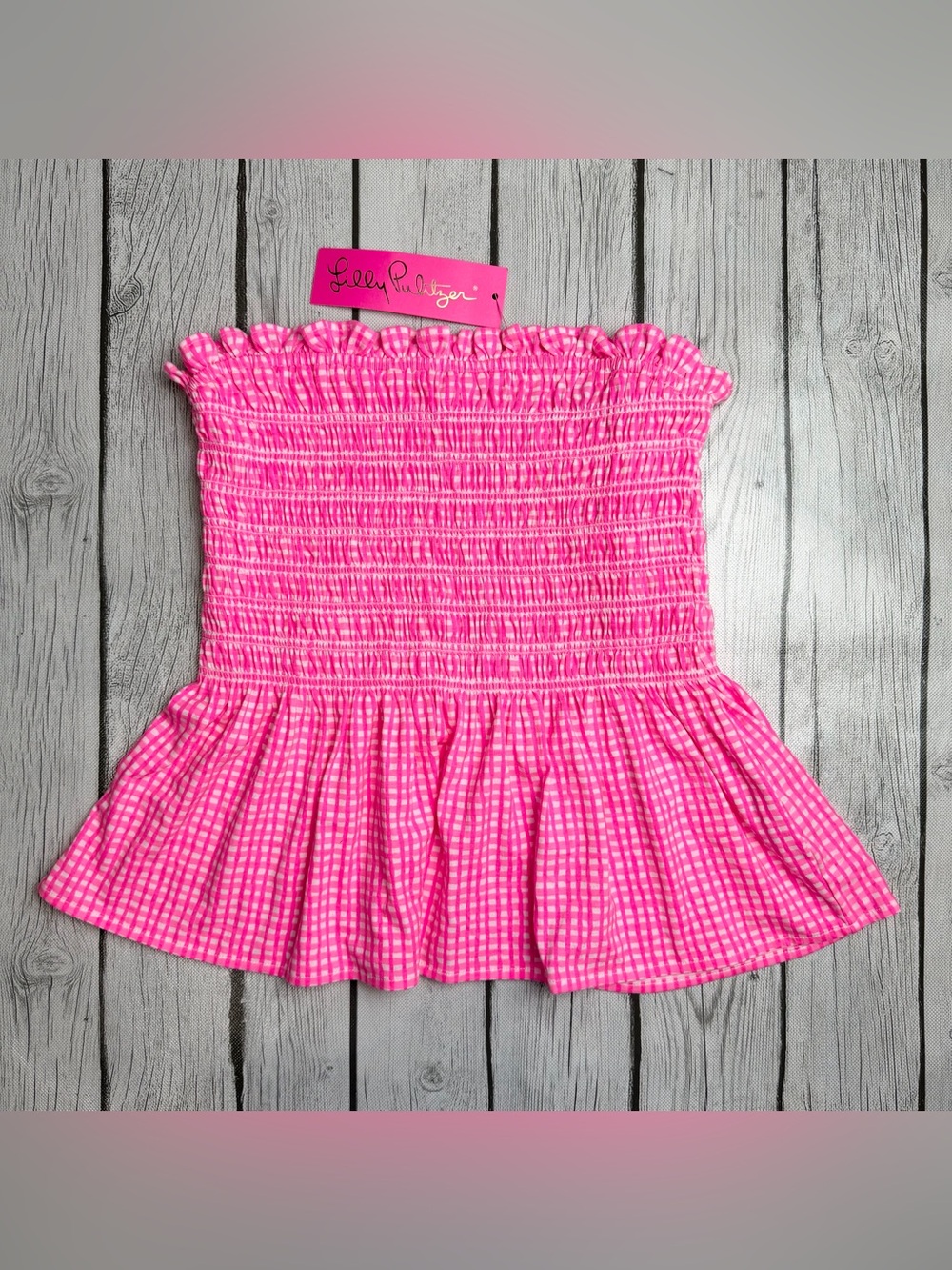 Lilly Pulitzer Women's M Jadis Top Pink Gingham Along The Same Line Strapless